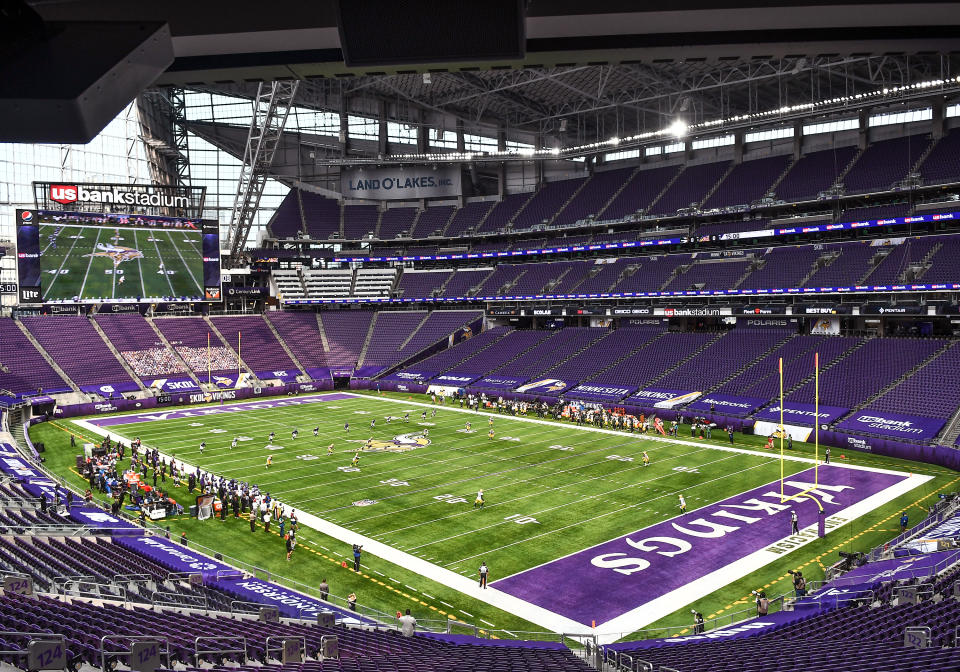 MINNEAPOLIS, MN - SEPTEMBER 13: The opening kick-off in a building void of fans during a National Football League game between the Minnesota Vikings and Green Bay Packers on September 13, 2020, at US Bank Stadium, Minneapolis, MN.(Photo by Nick Wosika/Icon Sportswire via Getty Images)