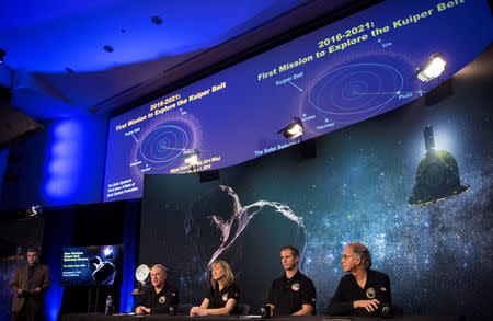 New Horizons principal investigator Alan Stern of the Southwest Research Institute (SwRI), Boulder, CO, New Horizons project manager Helene Winters of the Johns Hopkins University Applied Physics Laboratory, Fred Pelletier, lead of the project navigation team at KinetX Inc. in Simi Valley, California, and New Horizons co-investigator John Spencer of the Southwest Research Institute (SwRI), Boulder, CO, (L-R) are seen during a press conference prior to the flyby of Ultima Thule by the New Horizons spacecraft at the Johns Hopkins University Applied Physics Laboratory (APL) in Laurel, Maryland, U.S. December 31, 2018. NASA/Joel Kowsky/Handout via REUTERS