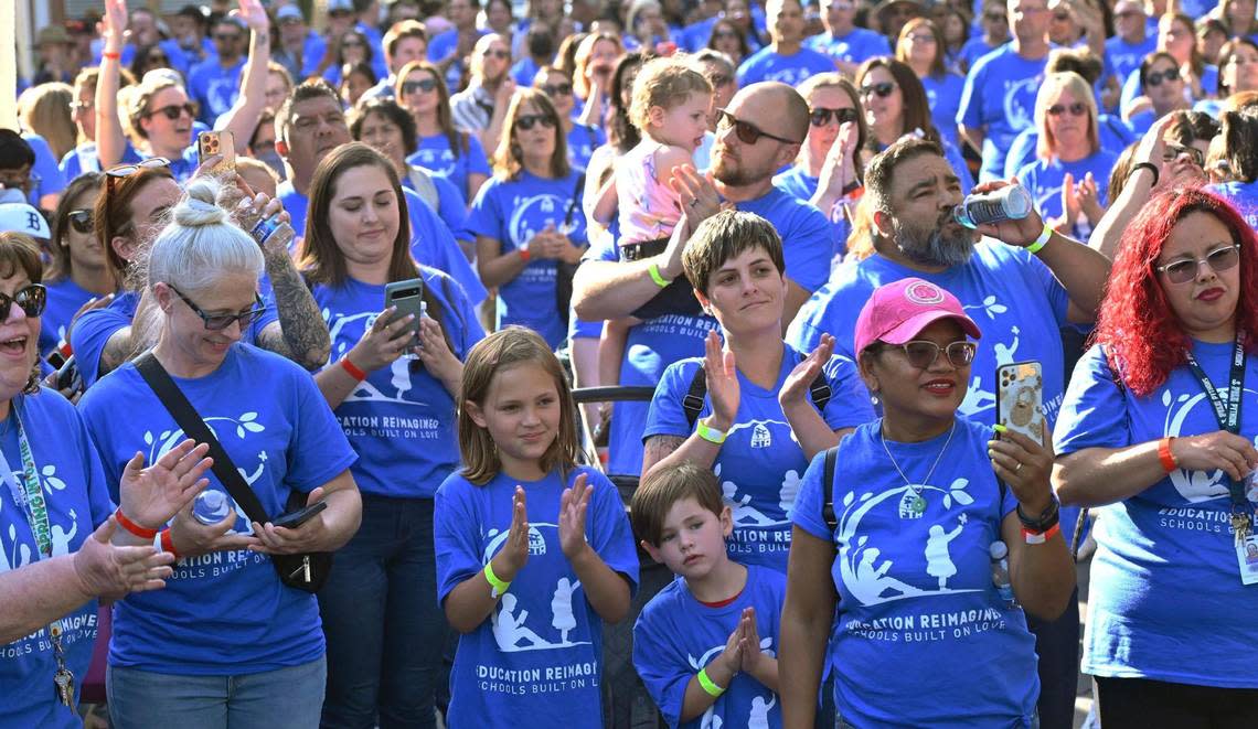 Over a thousand teachers and supporters gathered for an Education Rally & Block Party organized by Fresno Teachers Association along N Street while the Fresno Unified board met in downtown Fresno on Wednesday, May 24, 2023.