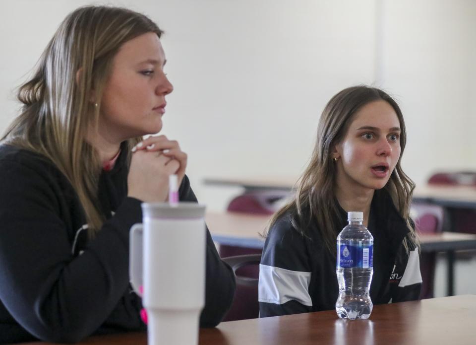 De Pere High School senior Kennedy Baumgart (right) talks about Hope Squad at De Pere High School. The program, now in its fourth year in the school district, aims to raise suicide awareness and give students the tools to help each other and seek help when needed.