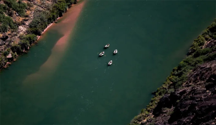 Four white rafts seen from high overhead.