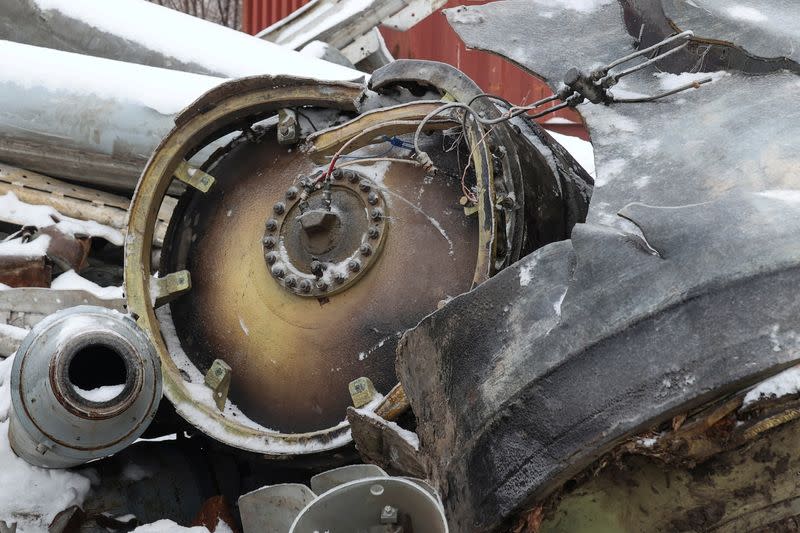View shows parts of an unidentified missile, which Ukrainian authorities believe to be made in North Korea, in Kharkiv