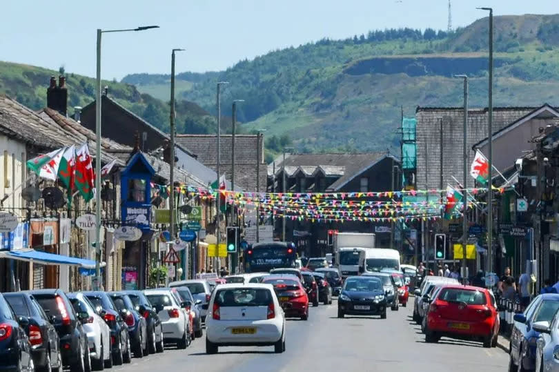 Road in the Valleys town of Treorchy with bunting above it.