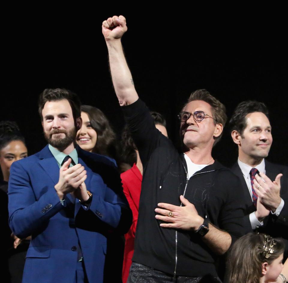 LOS ANGELES, CA - APRIL 22:  (L-R) Chris Evans and Robert Downey Jr. speak onstage during the Los Angeles World Premiere of Marvel Studios' "Avengers: Endgame" at the Los Angeles Convention Center on April 23, 2019 in Los Angeles, California.  (Photo by Jesse Grant/Getty Images for Disney) ORG XMIT: 775314717 ORIG FILE ID: 1138817280