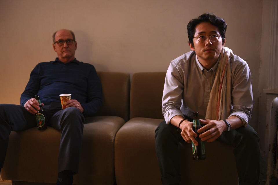 This image released by A24 Films shows Steven Yeun, right, and Richard Jenkins in a scene from "The Humans." (Wilson Webb/A24 Films via AP)