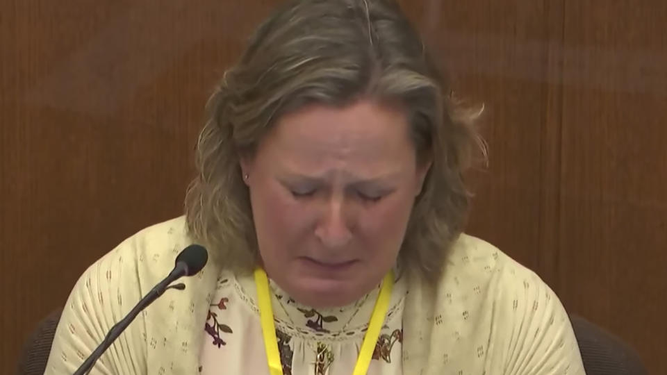 In this screengrab from video, former Brooklyn Center Police Officer Kim Potter becomes emotional as she testifies in court on Friday at the Hennepin County Courthouse in Minneapolis. 