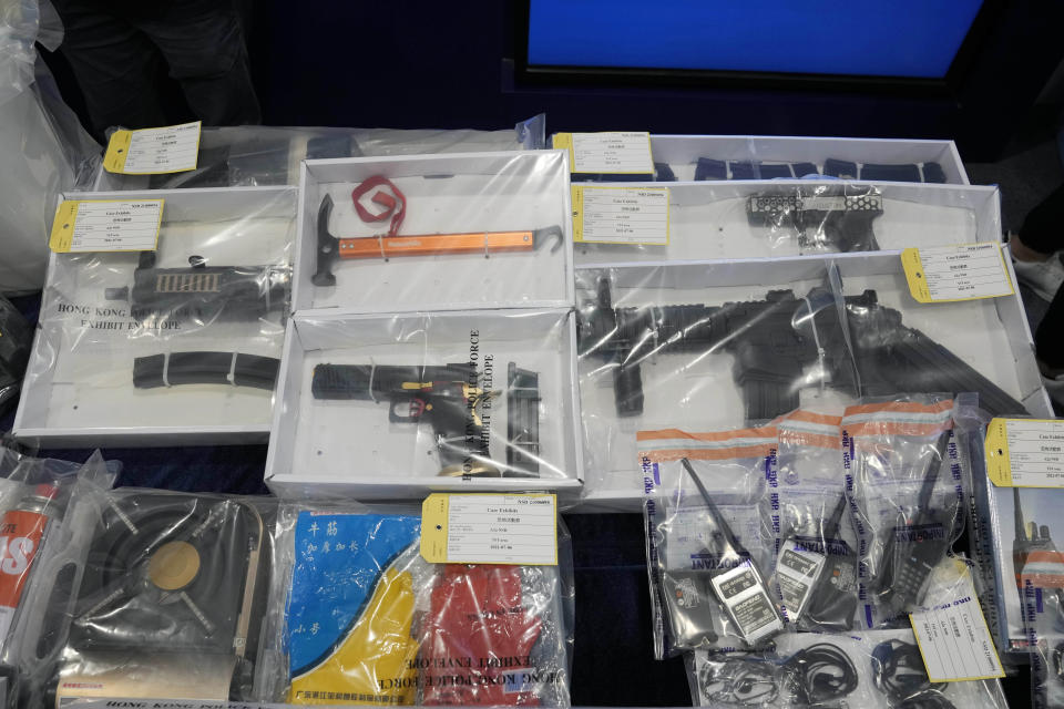 Confiscated evidence is displayed during a news conference as nine people were arrested over the alleged plot to plant bombs around Hong Kong, at the police headquarters in Hong Kong, Tuesday, July 6, 2021.(AP Photo/Kin Cheung)