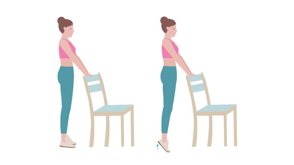 Woman doing standing calf raises behind chair