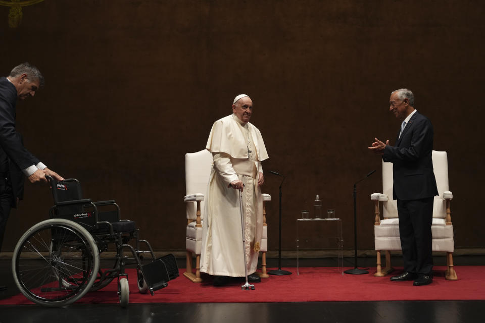 Pope Francis is applauded by Portugal's President Marcelo Rebelo de Sousa on arrival for a meeting with the Authorities, Civil Society and the Diplomatic Corps at the Belem Cultural Centre in Lisbon, Wednesday, Aug. 2, 2023. Pope Francis has started his five-day pastoral visit to Portugal that includes his participation at the 37th World Youth Day, and a pilgrimage to the holy shrine of Fatima. (AP Photo/Ana Brigida)
