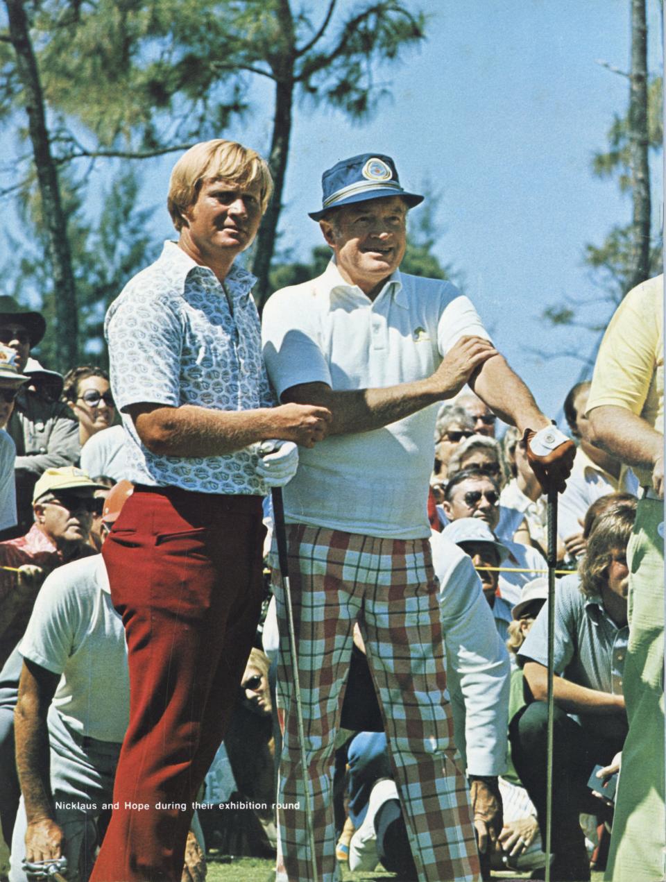 Jack Nicklaus and Bob Hope during their exhibition round at the 1973 Tony Lema Memorial Tournament at the Marco Island Country Club.