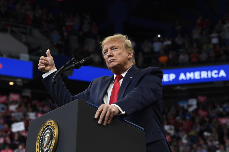 President Donald Trump speaks at a campaign rally in, Lexington, Ky., Monday, Nov. 4, 2019. (AP Photo/Susan Walsh)