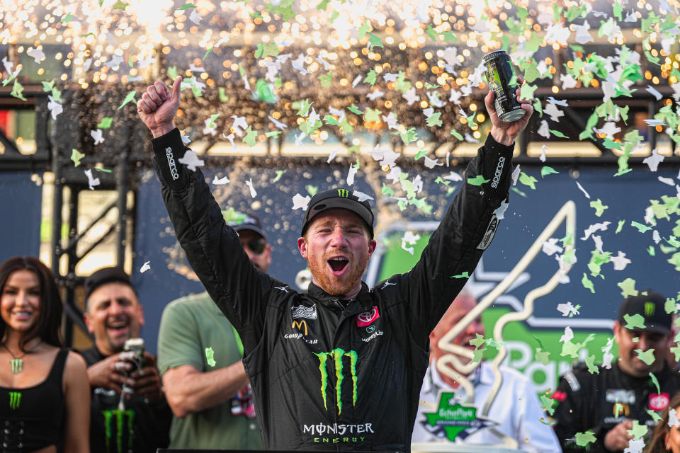 Monster Energy Toyota driver Tyler Reddick (45) celebrates winning the NASCAR EchoPark Automotive Grand Prix at the Circuit of the Americas on March 26, 2023 in Austin, Texas.