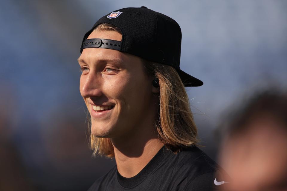 Jacksonville Jaguars quarterback Trevor Lawrence smiles before an NFL preseason game Saturday, Aug. 20, 2022 at TIAA Bank Field in Jacksonville. [Corey Perrine/Florida Times-Union]