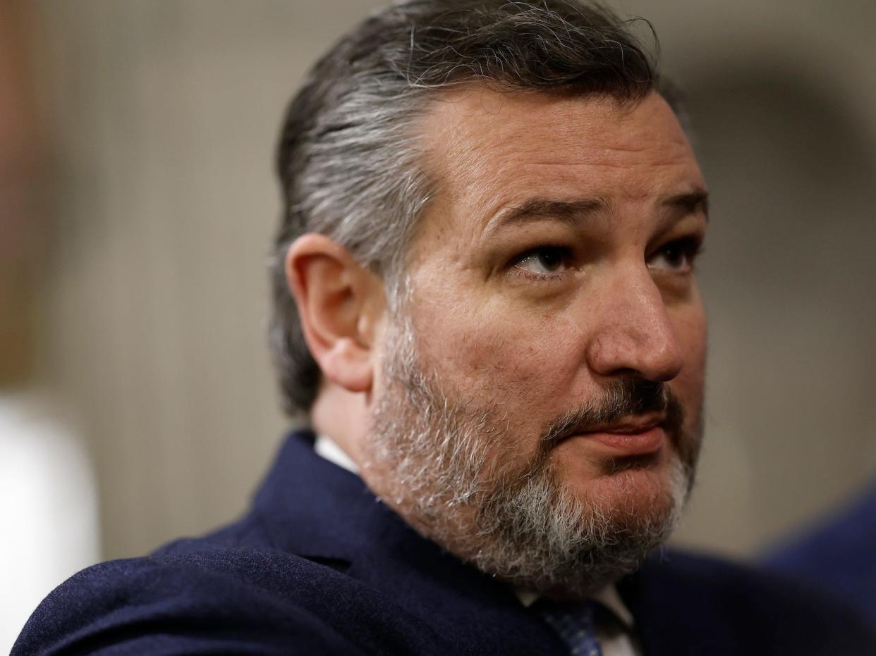 Sen. Ted Cruz (R-TX) speaks with reporters during a series of the votes at the U.S. Capitol Building on February 13, 2023 in Washington, DC.