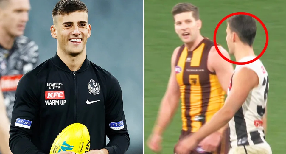 Pictured Nick Daicos left and right with Luke Breust