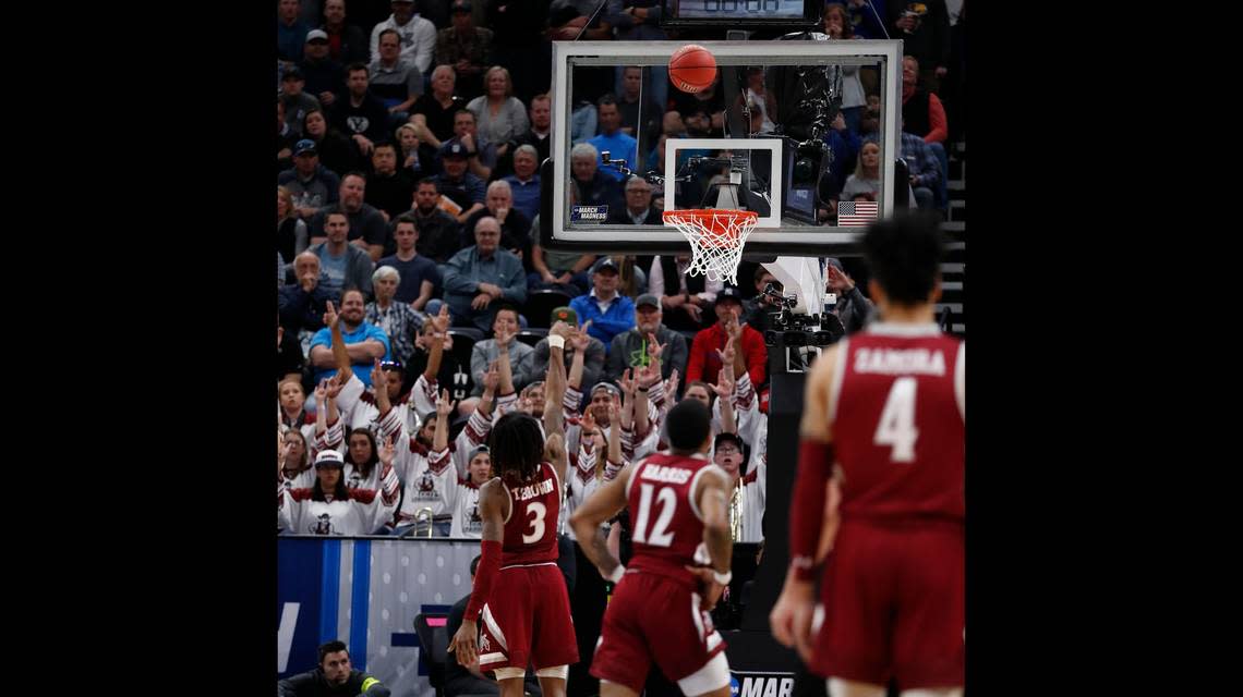 New Mexico State guard Terrell Brown (3) shoots a foul shot against Auburn in the second half during a first round men’s college basketball game in the NCAA Tournament, Thursday, March 21, 2019, in Salt Lake City. (AP Photo/Jeff Swinger)