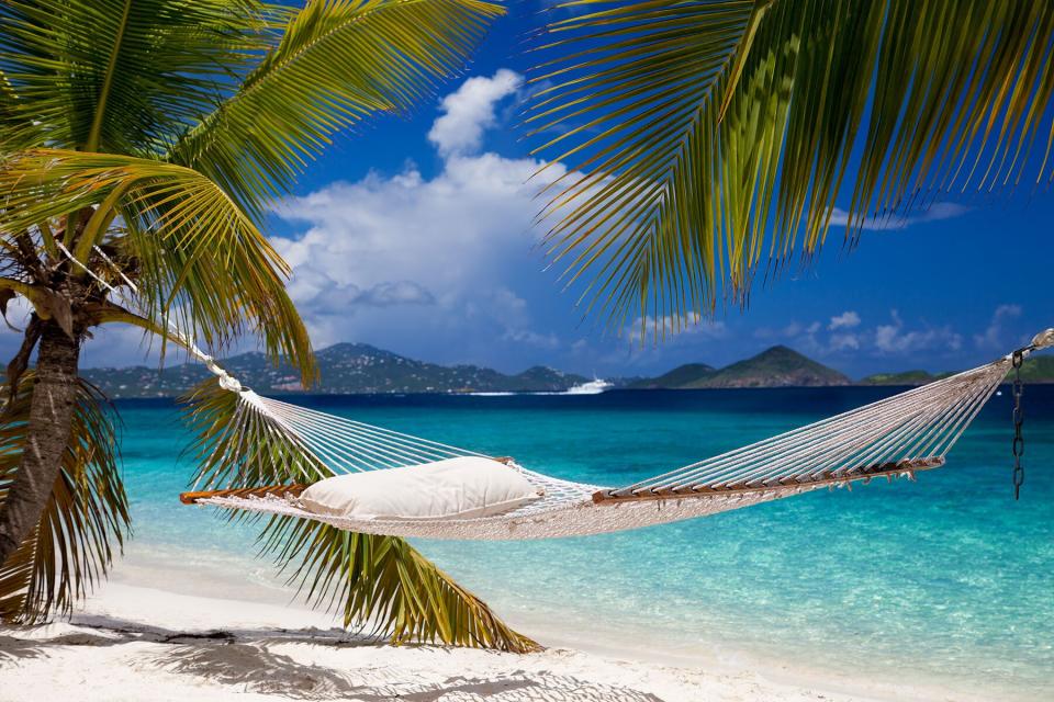 hammock stretched between palm trees at a beach, St.John, USVI