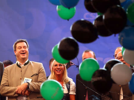 Bavarian State Prime Minister Markus Soeder of the Christian Social Union (CSU) reacts as balloons fall during an election rally at one of Bavaria's oldest fairs, the Gillamoos Fair in Abensberg, Germany September 3, 2018. REUTERS/Michael Dalder