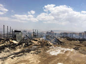 <p>This photo provided by the Qab Elias Emergency Services, shows Lebanese Civil Defense workers putting out a fire in a Syrian refugee camp in Qab Elias, a village in the Bekaa Valley, Lebanon in Qab Elias, Lebanon, Sunday, July 2, 2017. Lebanon’s state news agency and the Red Cross say a major fire has broken out in a Syrian refugee settlement, killing at least one person and sending large plumes of black smoke into the sky. (Qab Elias Emergency Services via AP) </p>