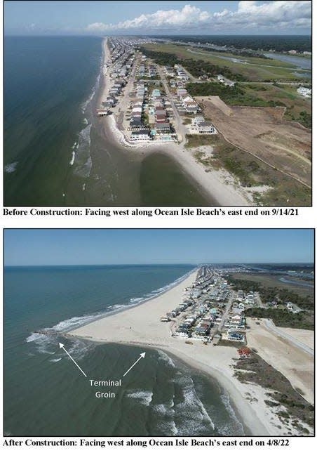 Pictures showing the east end of Ocean Isle Beach before and after a terminal groin was constructed to help stabilize the erosion-prone beach.