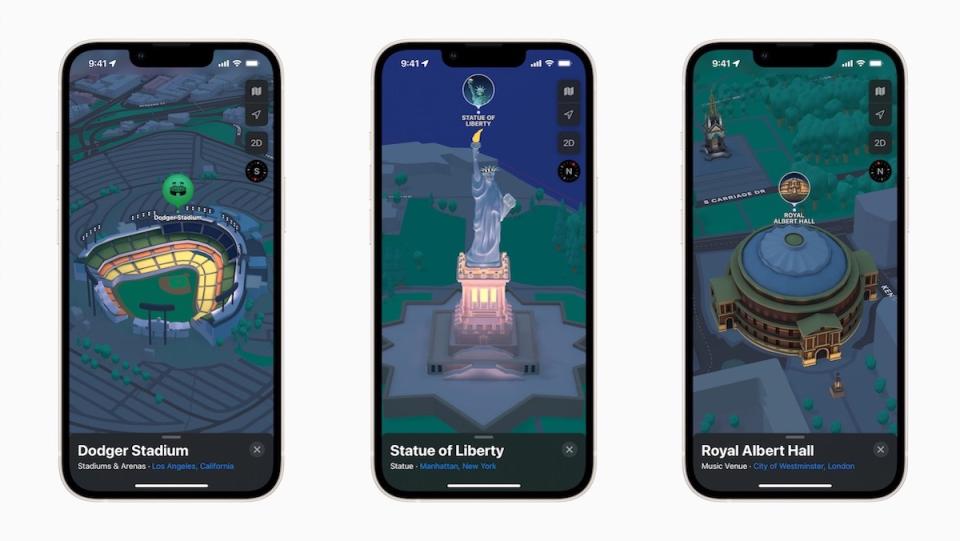 Three phone screens showing new Apple Maps features - 3D-Renderings of Dodger Stadium, The Statue of Liberty, and Royal Albert Hall