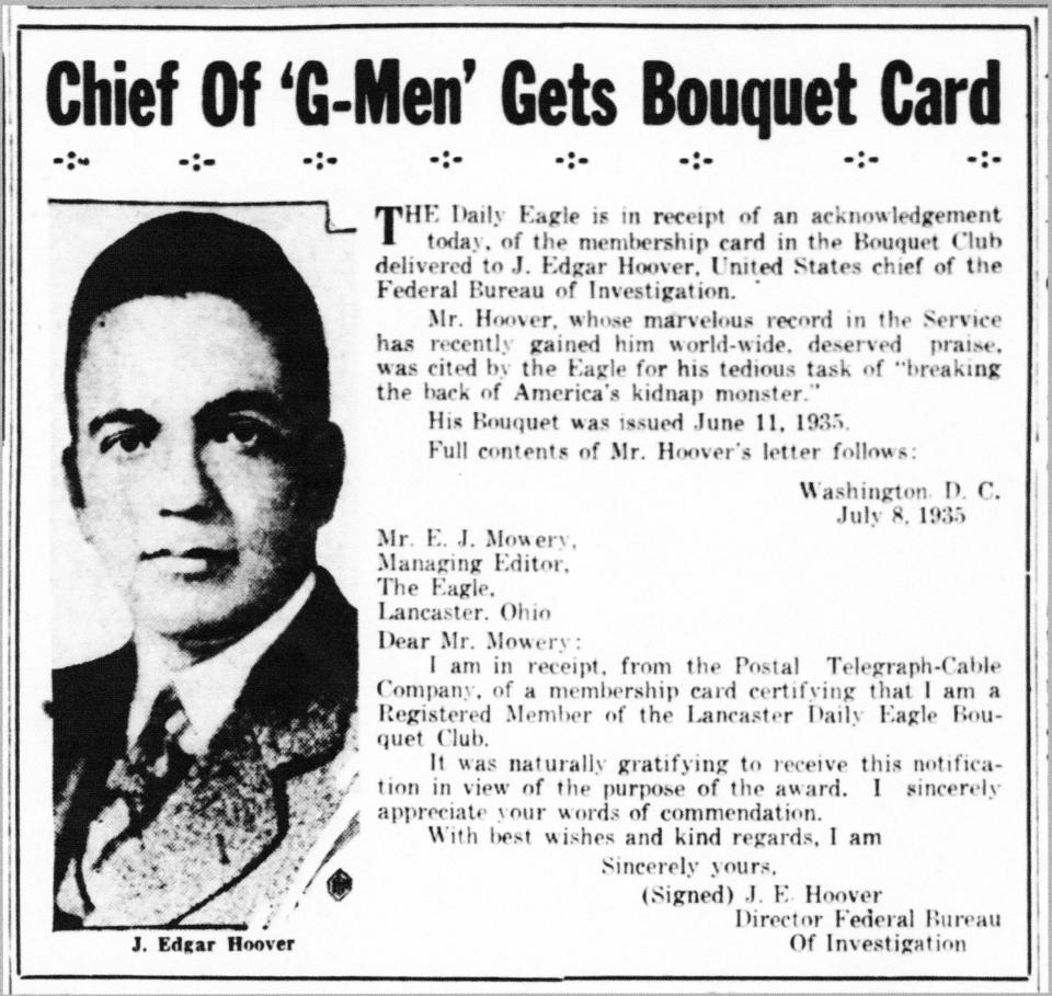 After a "Daily Bouquet" was awarded to J. Edgar Hoover, Hoover's thank you was printed on the front page. (Daily Eagle 11 July 1935)