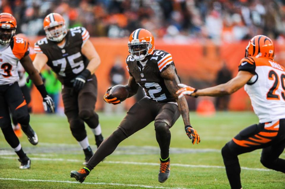 Dec 14, 2014; Cleveland, OH, USA; Cleveland Browns wide receiver Josh Gordon (12) and Cincinnati Bengals cornerback Leon Hall (29) at FirstEnergy Stadium. The Bengals beat the Browns 30-0. Mandatory Credit: Ken Blaze-USA TODAY Sports