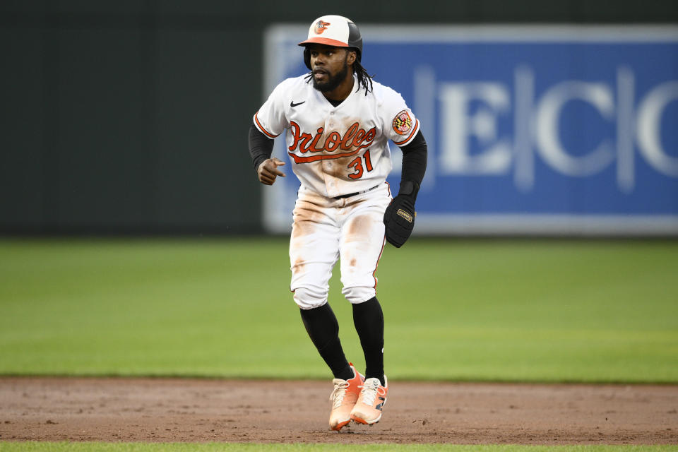 Baltimore Orioles' Cedric Mullins takes a lead during the third inning of the team's baseball game against the Tampa Bay Rays, Wednesday, May 10, 2023, in Baltimore. (AP Photo/Nick Wass)