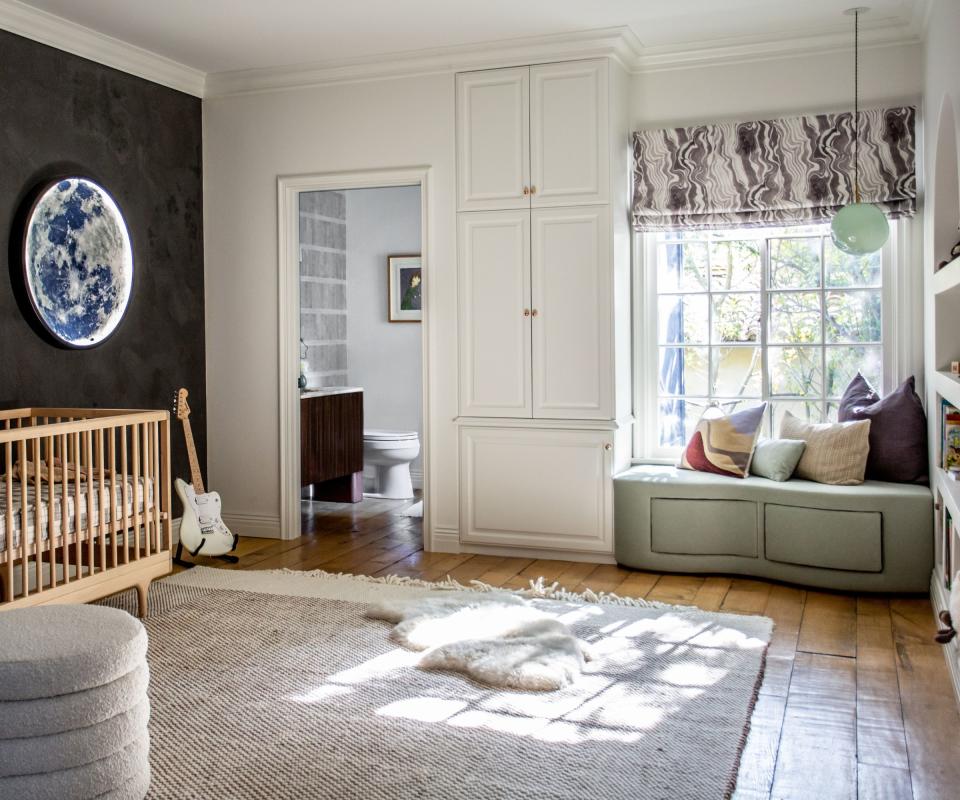 Nursery room looking through to the bathroom beyond