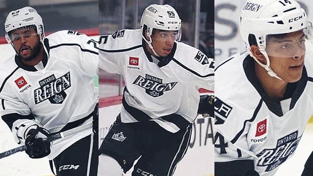 Reign head coach John Wroblewski on Sunday iced a forward trio of Quinton Byfield, middle, between Devante Smith-Pelly and Akil Thomas, right. They combined for six points with Thomas scoring a natural hat trick to force overtime and the winning goal in a shootout. (Ontarioreignhockey/Instagram - image credit)
