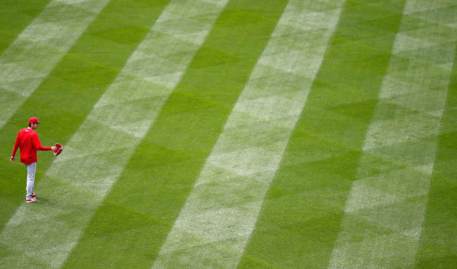 Los Angeles Angels starting pitcher Shohei Ohtani waves his glove to fans as they call for his autograph as he heads back to the clubhouse after warming in the bullpen before the Angels face the Colorado Rockies in an interleague baseball game Wednesday, May 9, 2018, in Denver. (AP Photo/David Zalubowski)