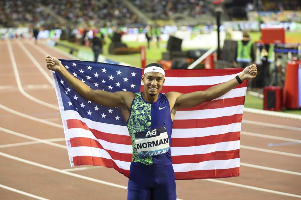 Michael Norman celebrates after winning the men's 400-meter race during a 2019 Diamond League meet in Belgium.