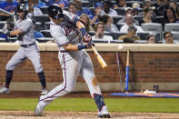 Atlanta Braves' Austin Riley hits a two-run home run during the sixth inning of the team's baseball game against the New York Mets, Tuesday, July 27, 2021, in New York. (AP Photo/Mary Altaffer)