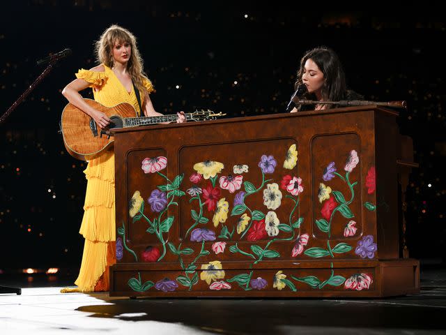 <p>TAS2023/Getty</p> Taylor Swift and Gracie Abrams perform during the Eras Tour in July 2023.