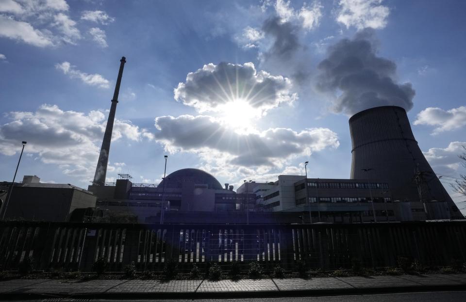 FILE - Water vapor rises from the RWE nuclear power plant Emsland in Lingen, western Germany, March 18, 2022. Germany is shutting down this nuclear power plant and two others on Saturday, April, 2023, as part of an energy transition agreed by successive governments. (AP Photo/Martin Meissner, File)