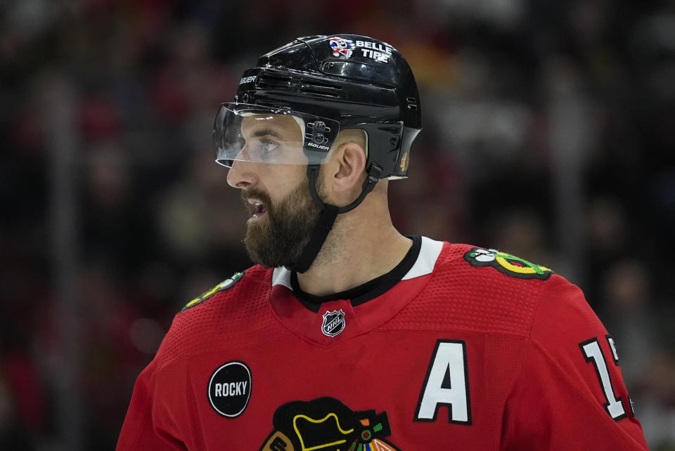 Chicago Blackhawks left wing Nick Foligno reacts after a penality is called on him during the second period of an NHL hockey game against the Vancouver Canucks, Tuesday, Feb. 13, 2024, in Chicago. (AP Photo/Erin Hooley)