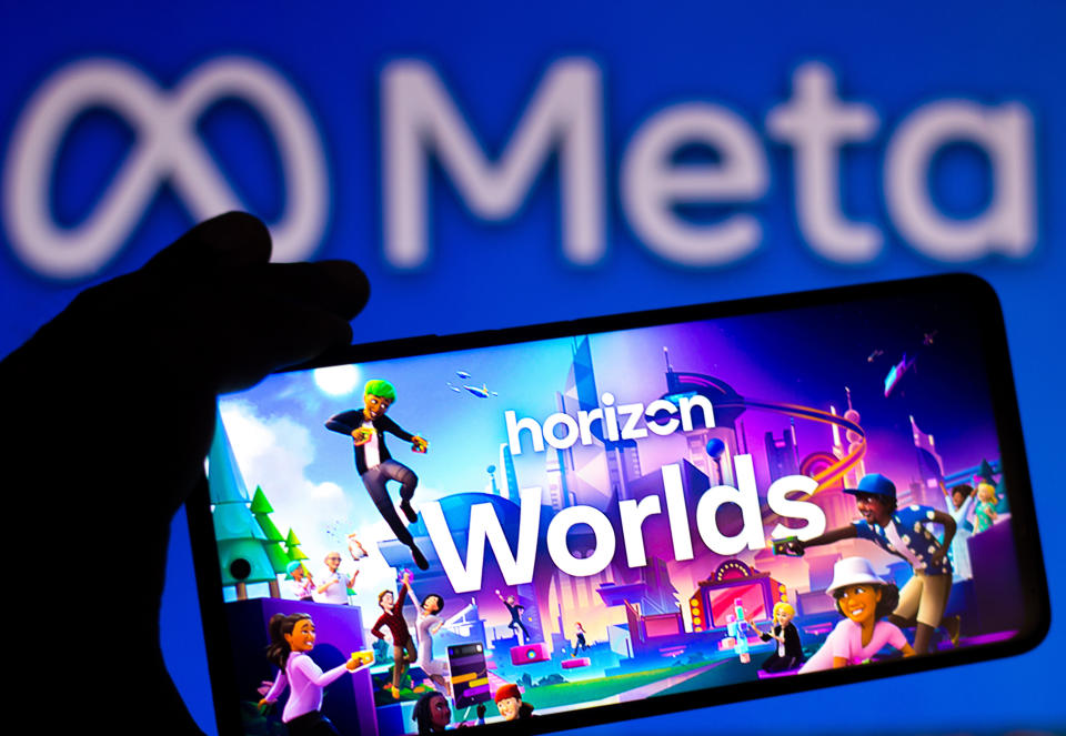 BRAZIL - 2022/04/19: In this photo illustration the Horizon Worlds logo seen displayed on a smartphone and in the background the Meta Platforms logo. (Photo Illustration by Rafael Henrique/SOPA Images/LightRocket via Getty Images)