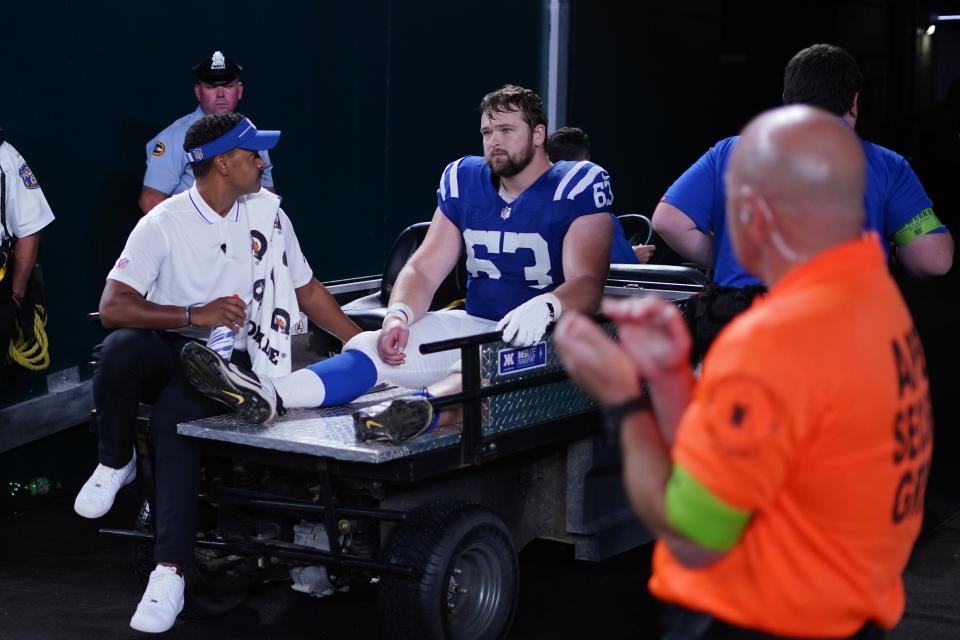 Indianapolis Colts guard Danny Pinter (63) is carted off the field after an injury during the second half of an NFL preseason football game against the Philadelphia Eagles on Thursday, Aug. 24, 2023, in Philadelphia. (AP Photo/Matt Rourke)