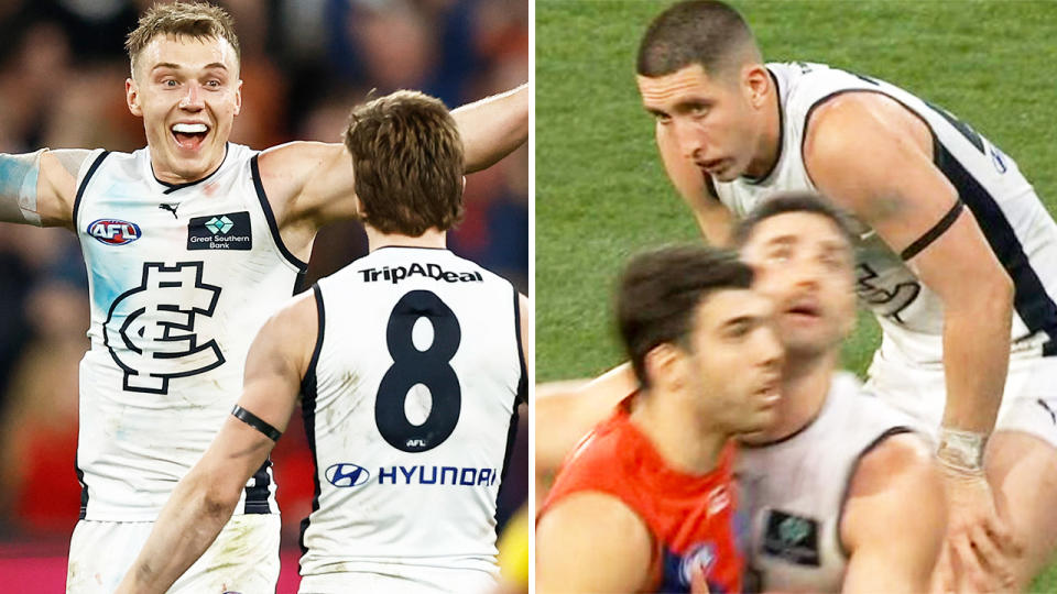 Patrick Cripps and Jacob Weitering, pictured here in Carlton's win over Melbourne. 