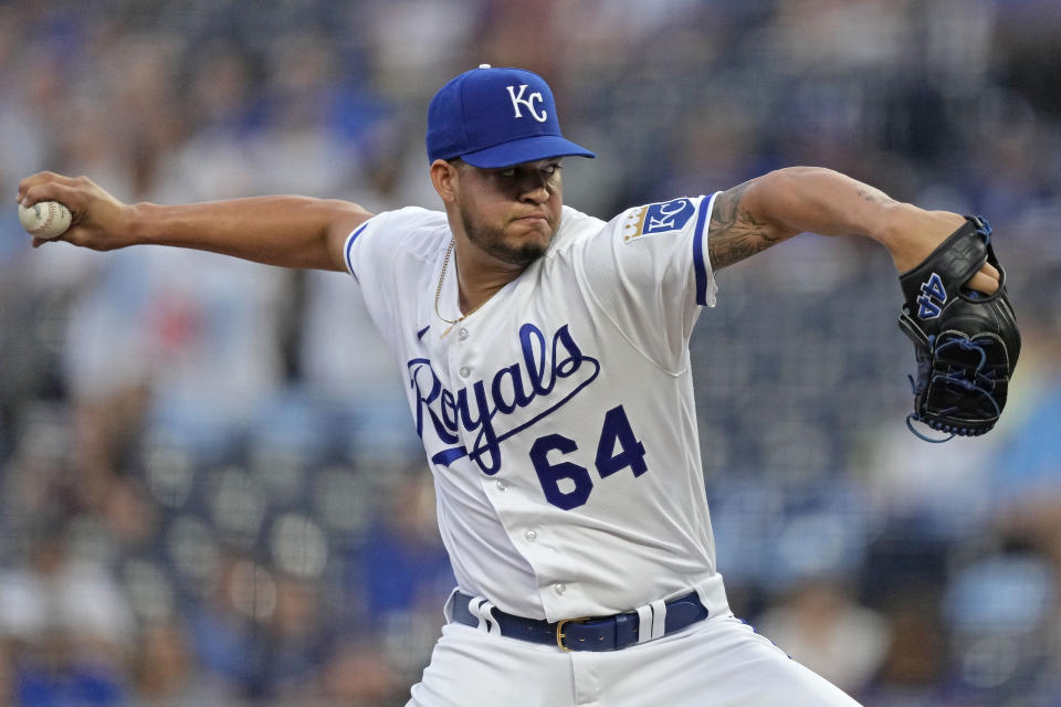 Kansas City Royals starting pitcher Steven Cruz throws during the first inning of a baseball game against the Cleveland Guardians Tuesday, Sept. 19, 2023, in Kansas City, Mo. (AP Photo/Charlie Riedel)