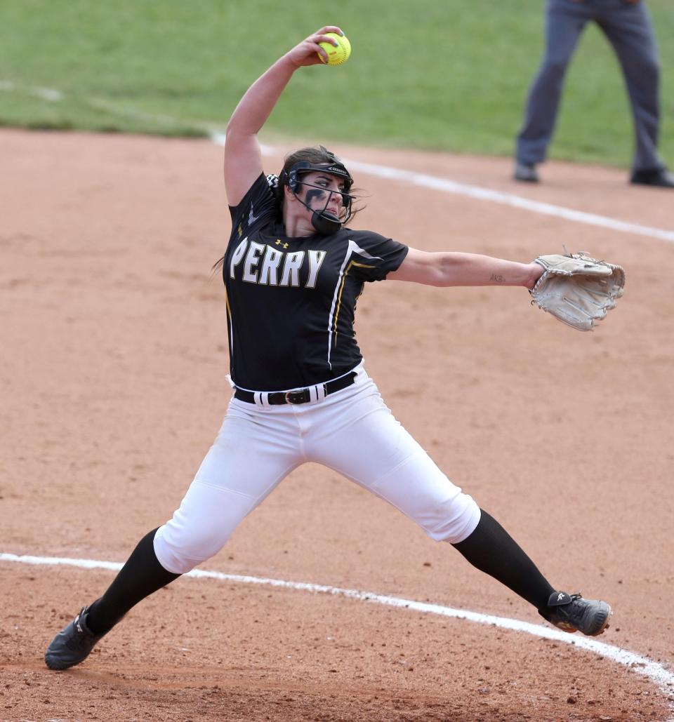 Perry's Payton Gottshall delivers a ptich during the second inning of their Division I state championship game against Lakota West at Firestone Stadium in Akron on Saturday, June 2, 2018. Perry won 11-1.