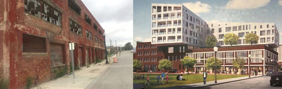 The Stone Soap building at 1460 Franklin, in its current form, left and a rendering of the development of the Stone Soap building that was planned for the site and never built.