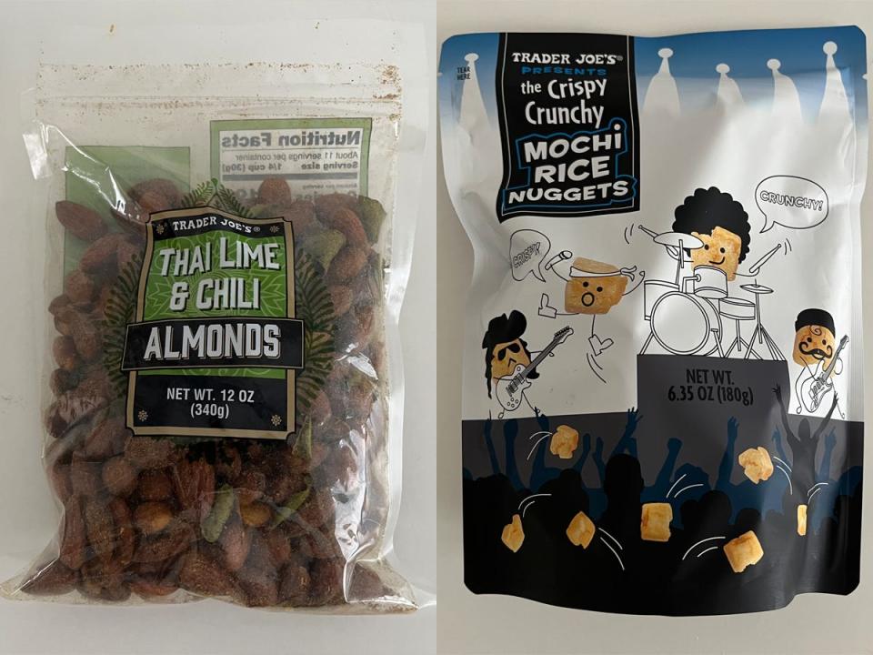 Trader Joe's lime-chili almonds; Trader Joe's rice-cake nuggets