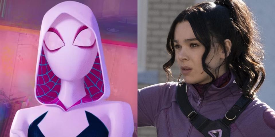 On the left: Spider-Woman in "Spider-Man: Into the Spider-Verse." On the right: Hailee Steinfeld as Kate Bishop in "Hawkeye."