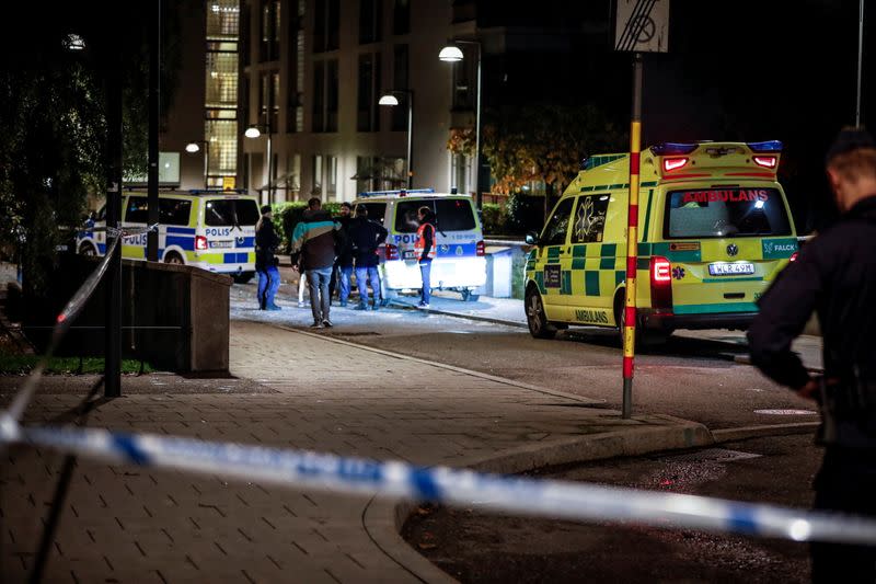 Police forensics work at the site where Swedish rapper Einar was reportedly shot dead, in Stockholm