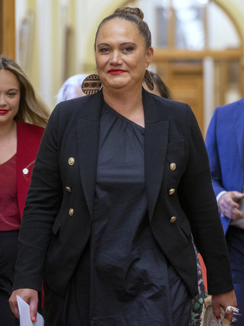 Carmel Sepuloni arrives for their caucus vote at Parliament in Wellington, New Zealand, Sunday, Jan. 22, 2023. Chris Hipkins was confirmed Sunday as New Zealand's next prime minister and he chose Sepuloni as his deputy, marking the first time a person with Pacific Island heritage has risen to that rank. (Mark Mitchell/New Zealand Herald via AP)