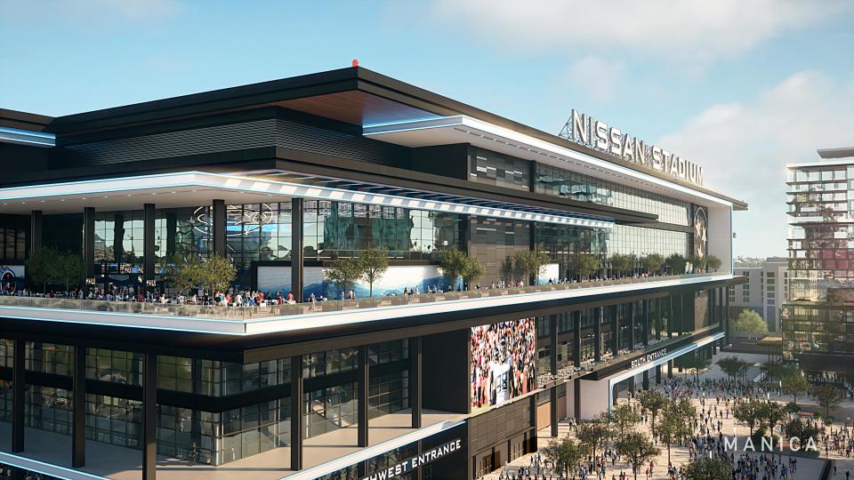 An architectural rendering of the new Nissan Stadium under construction shows the wraparound porch-style upper level with expansive views of downtown. (Provided by The Tennessee Titans)