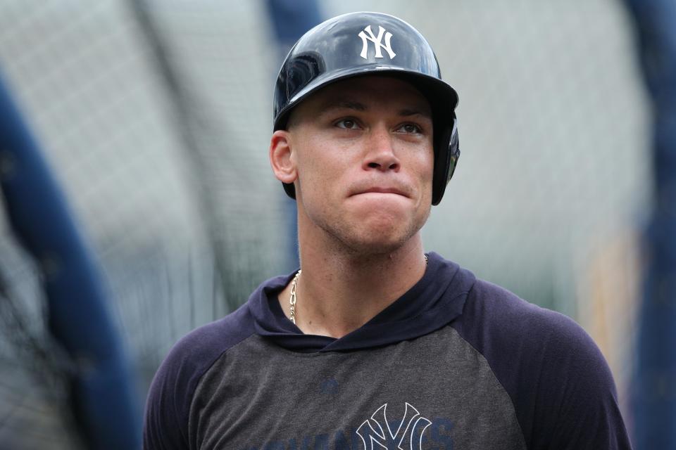 Oct 2, 2019; New York, NY, USA; New York Yankees designated hitter Aaron Judge (99) waits to take batting practice during a workout day before game 1 of the ALDS at Yankees Stadium. Mandatory Credit: Brad Penner-USA TODAY Sports