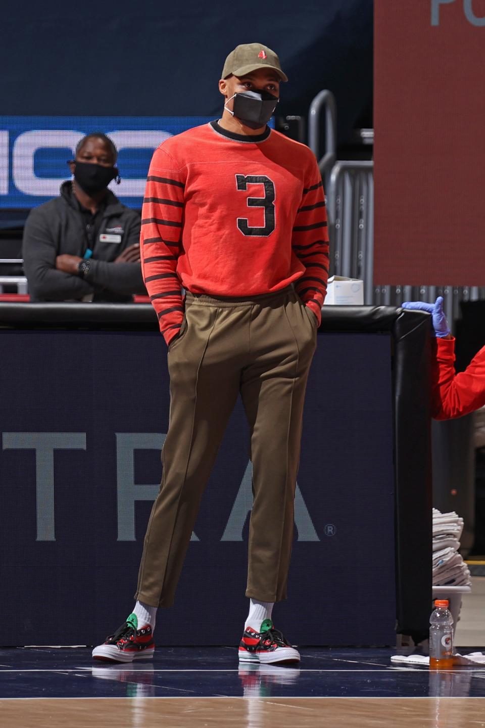 Russell Westbrook of the Wizards watches a game against the Phoenix Suns in Washington, D.C., January 11, 2021.