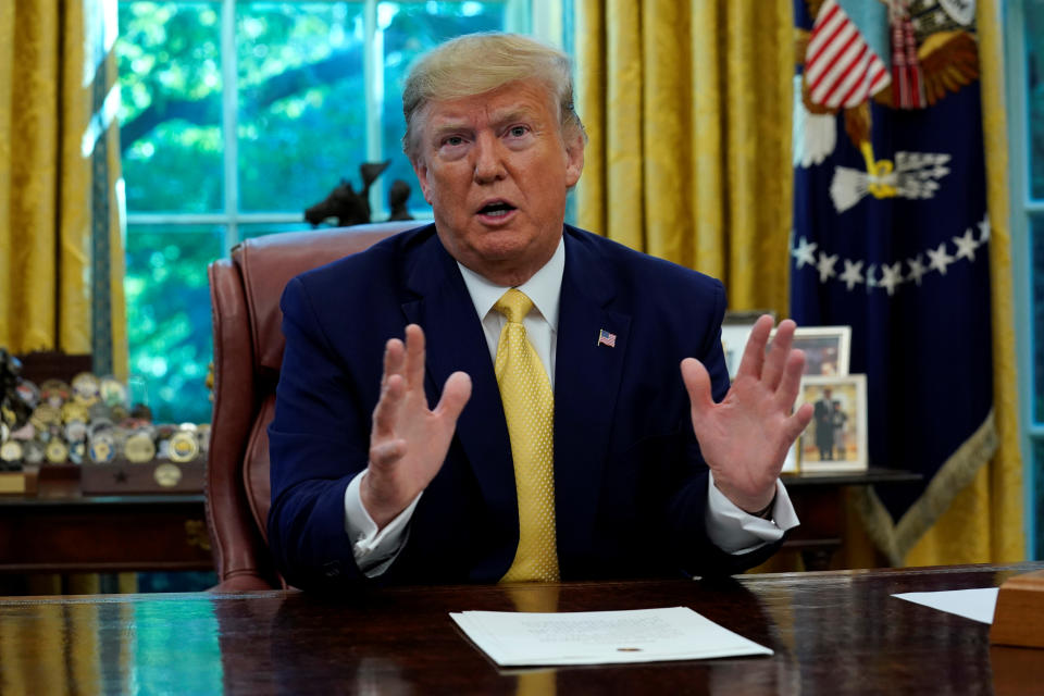 U.S. President Donald Trump speaks during a meeting with China's Vice Premier Liu He in the Oval Office at the White House after two days of trade negotiations in Washington, U.S., October 11, 2019. REUTERS/Yuri Gripas